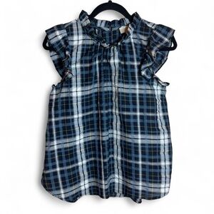 LOFT Navy and White Checkered Ruffle Blouse